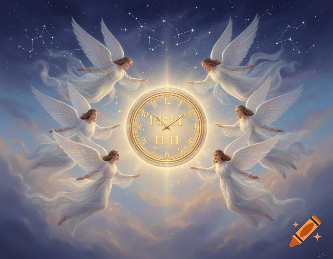 Multiple angels with flowing white gowns and large wings encircle a radiant golden clock displaying "11:11" against a starry, cloud-filled sky.