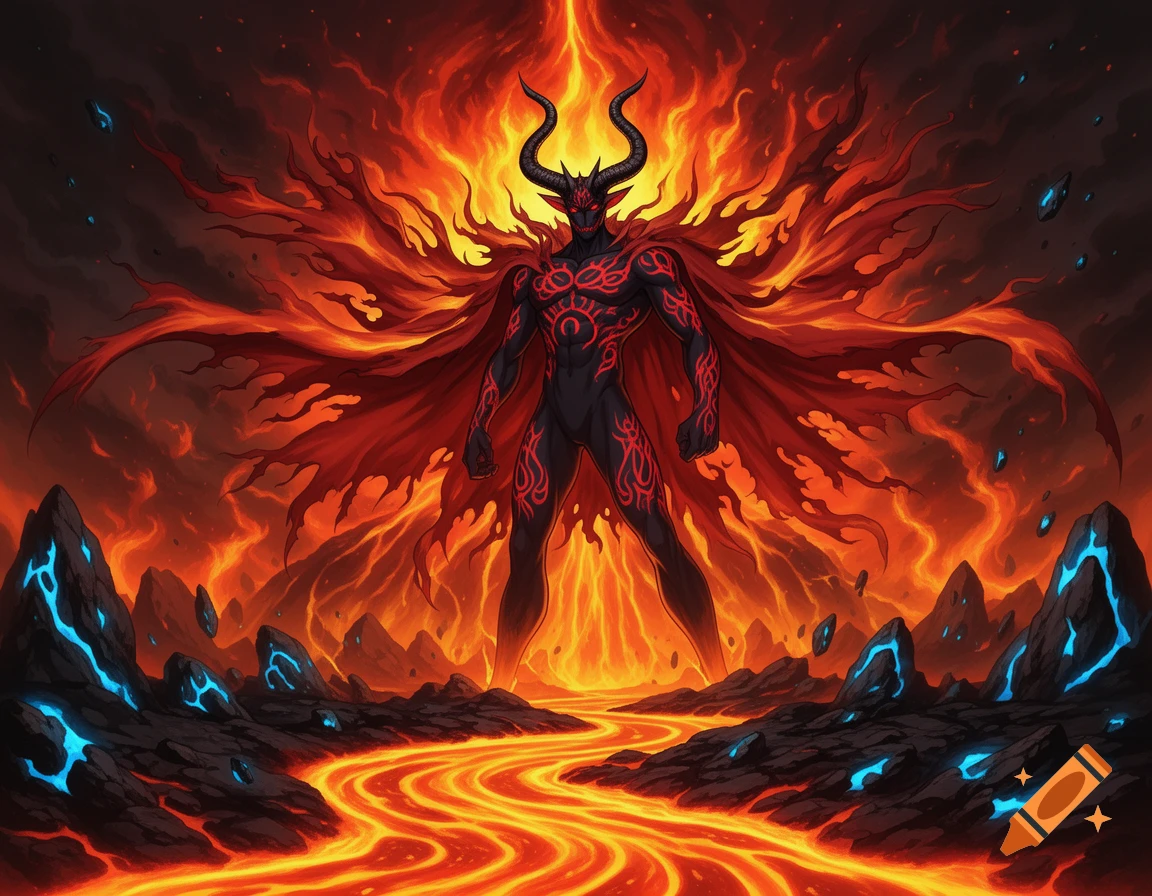 A horned demon with red glowing tribal markings and a flowing cape stands in a lava stream amidst a fiery, volcanic hellscape.