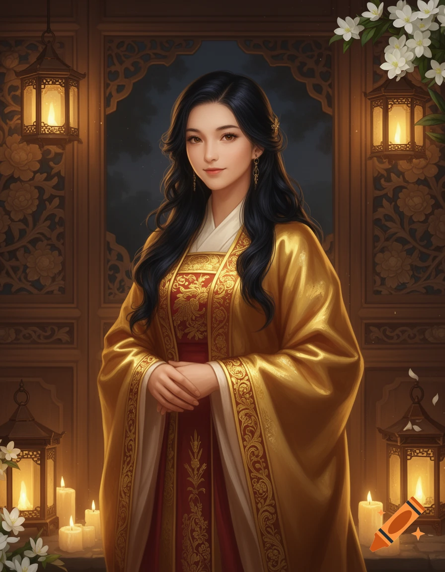 A woman in a gold and red traditional gown stands in a softly lit room with lanterns and candles, a detailed digital painting.