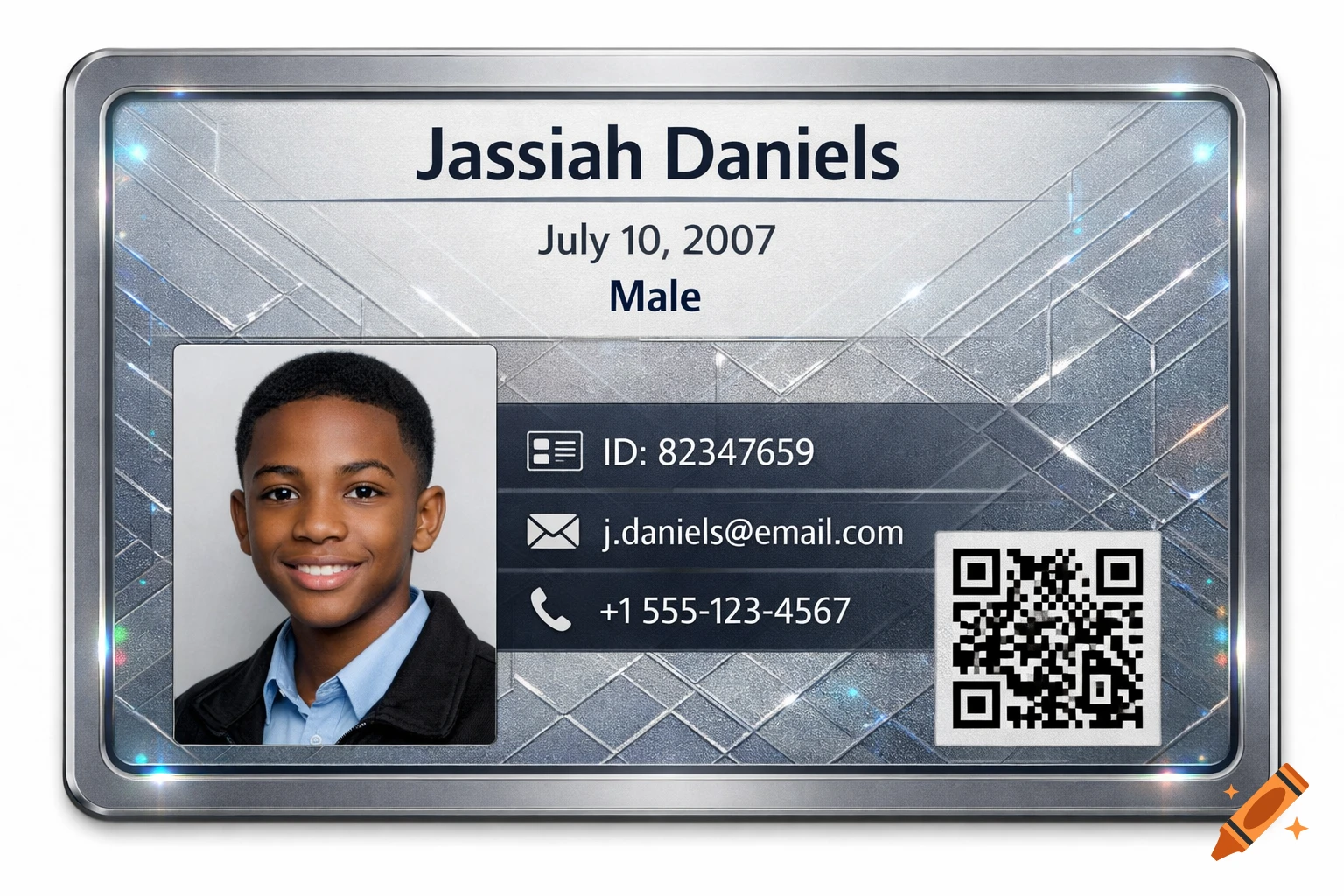 A close-up of a silver-framed ID card for Jassiah Daniels, featuring his photo, date of birth, sex, ID number, email, phone, and QR code.