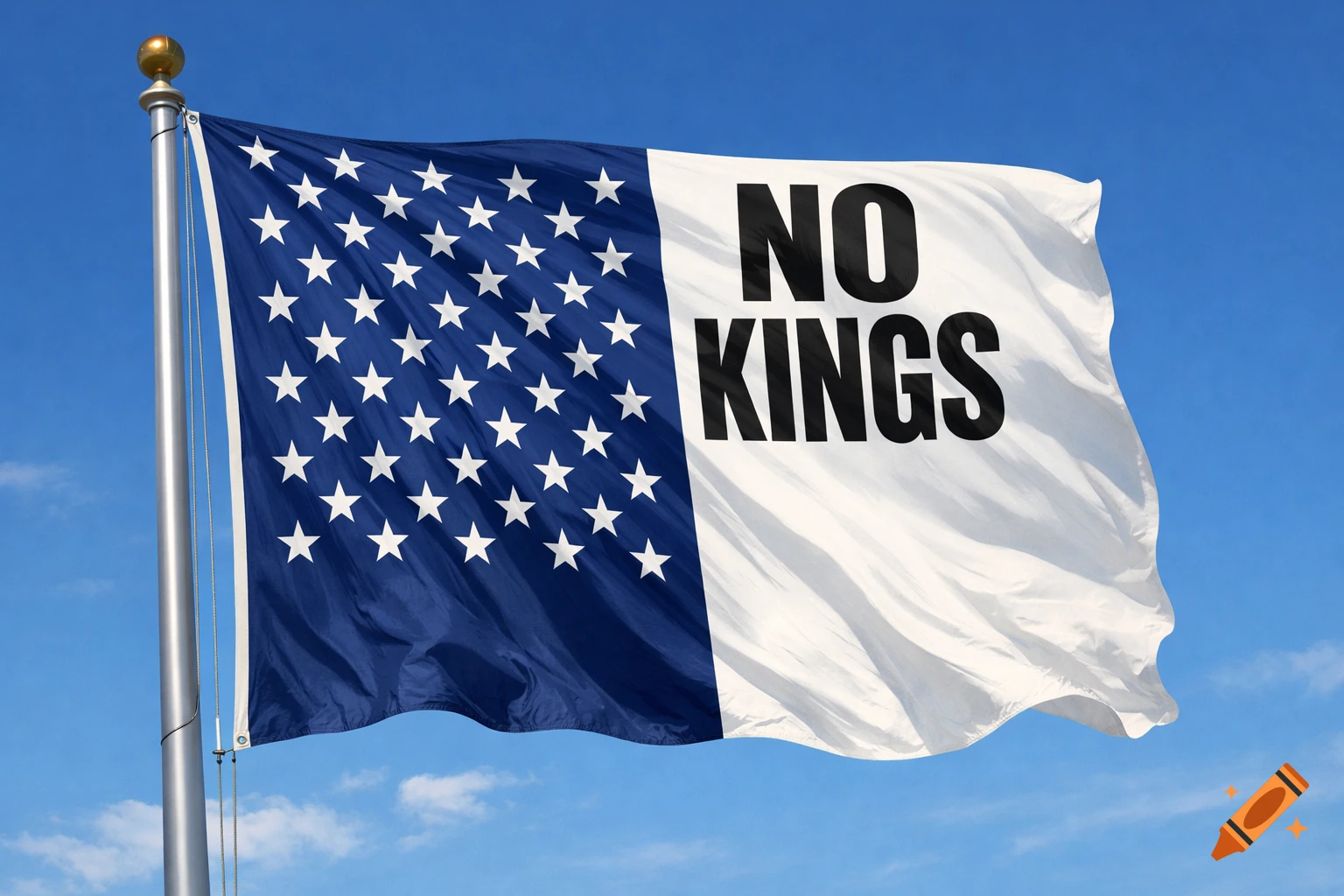 A flag with a blue field of white stars on the left half and a white field with "NO KINGS" in black text on the right half, waving against a blue sky.
