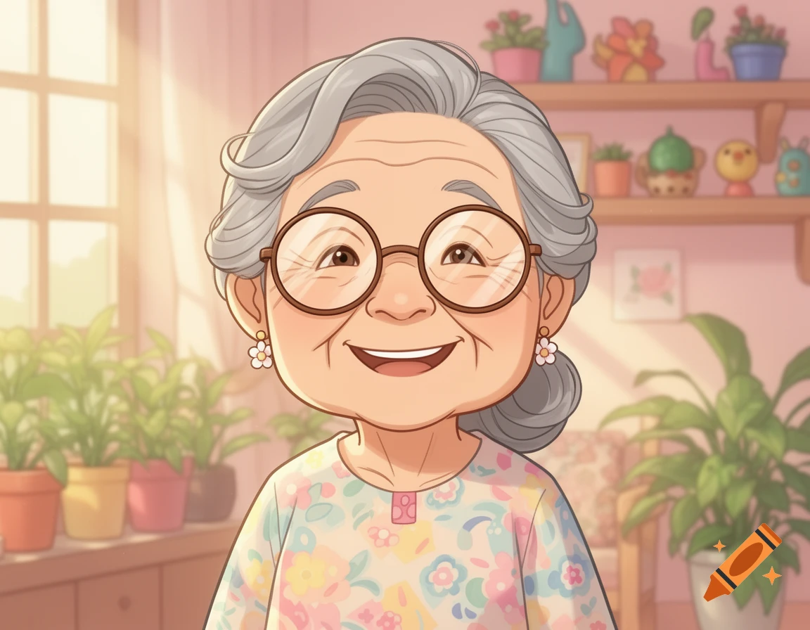 A friendly cartoon portrait of an elderly Asian woman with glasses and gray hair, smiling in a plant-filled room.