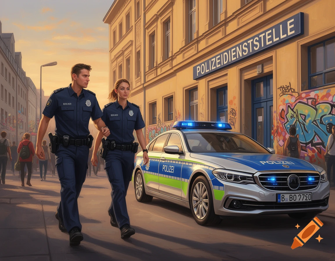 Two photorealistic Berlin police officers, a man and a woman, walk past their patrol car in front of a police station during sunset.