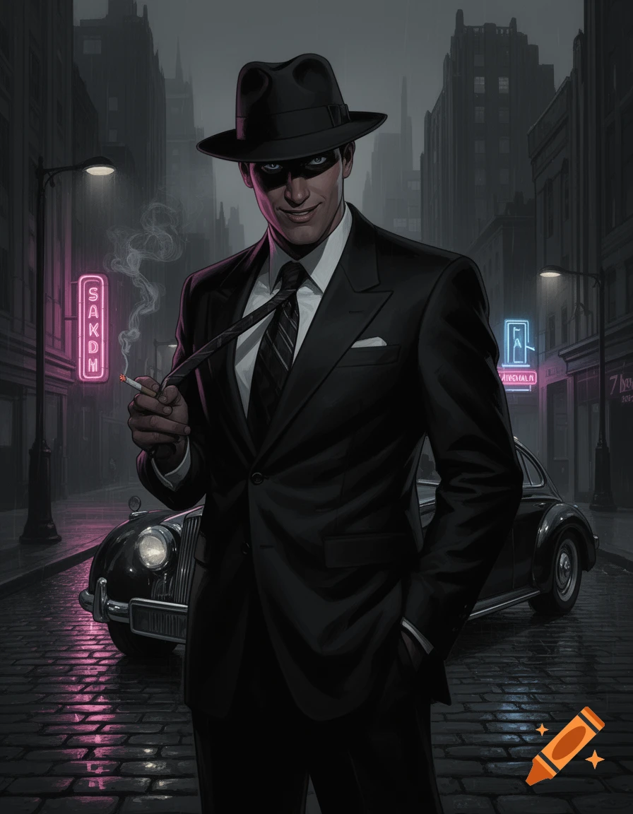 Stylish man in a black suit and fedora smoking on a dark, wet city street with a vintage car and neon signs, in noir comic art style.
