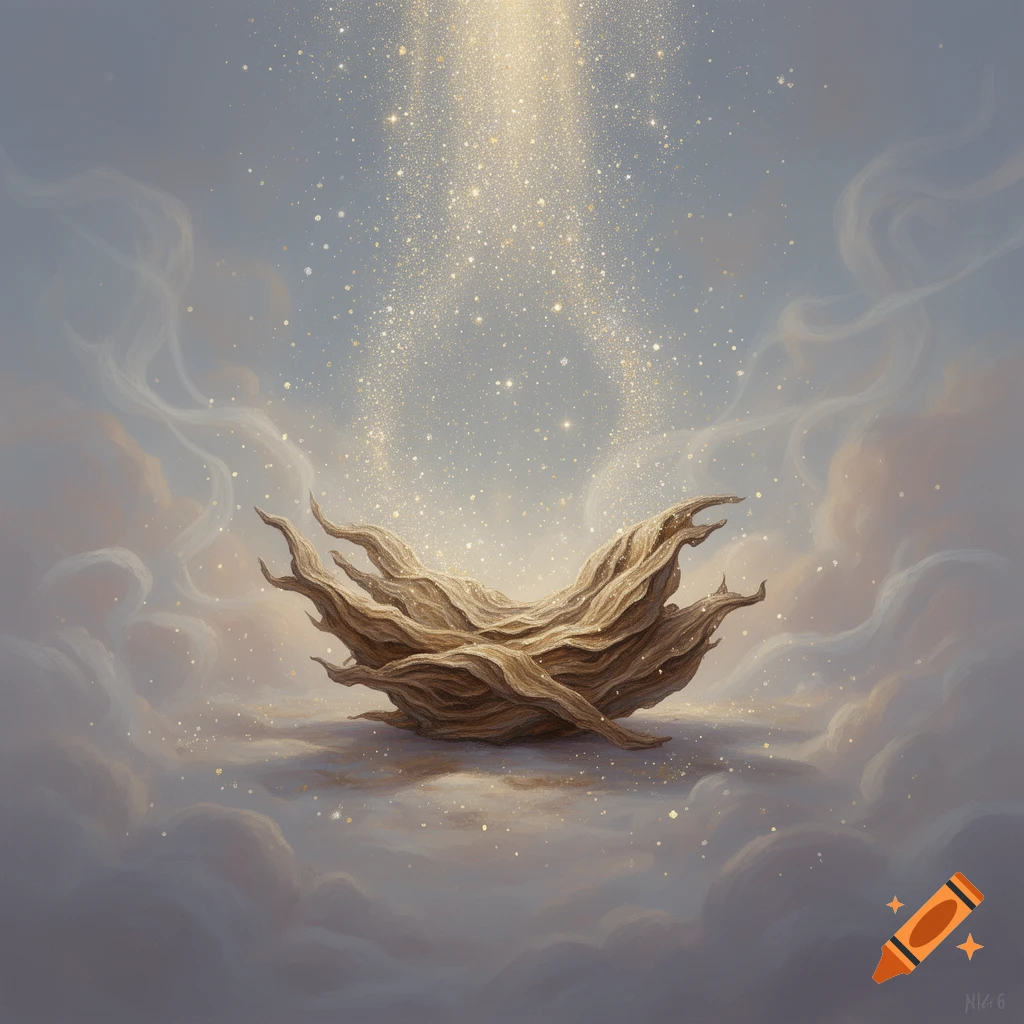 An ethereal, gnarled wooden husk floats on soft clouds as golden sparkling light rains down from above.