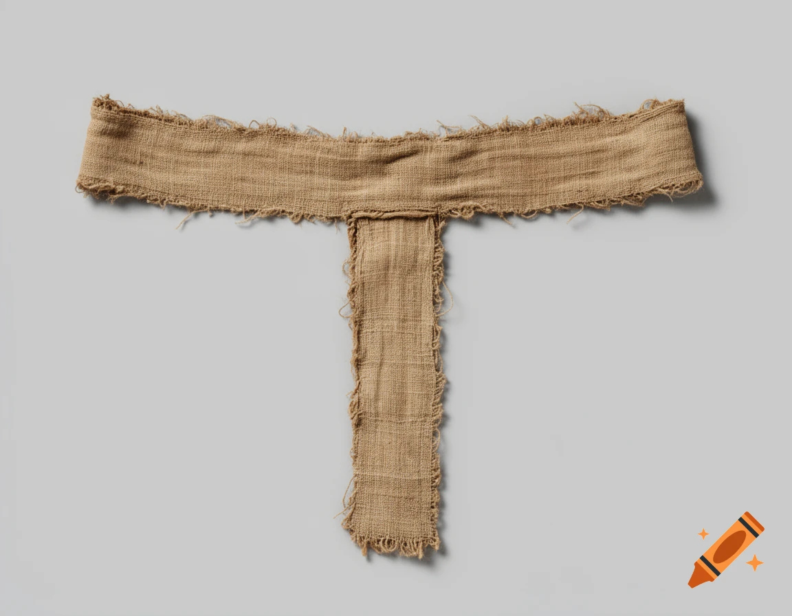 Photorealistic image of an ancient, primitive textile loincloth made of rough, light brown fabric with frayed edges, laid flat.
