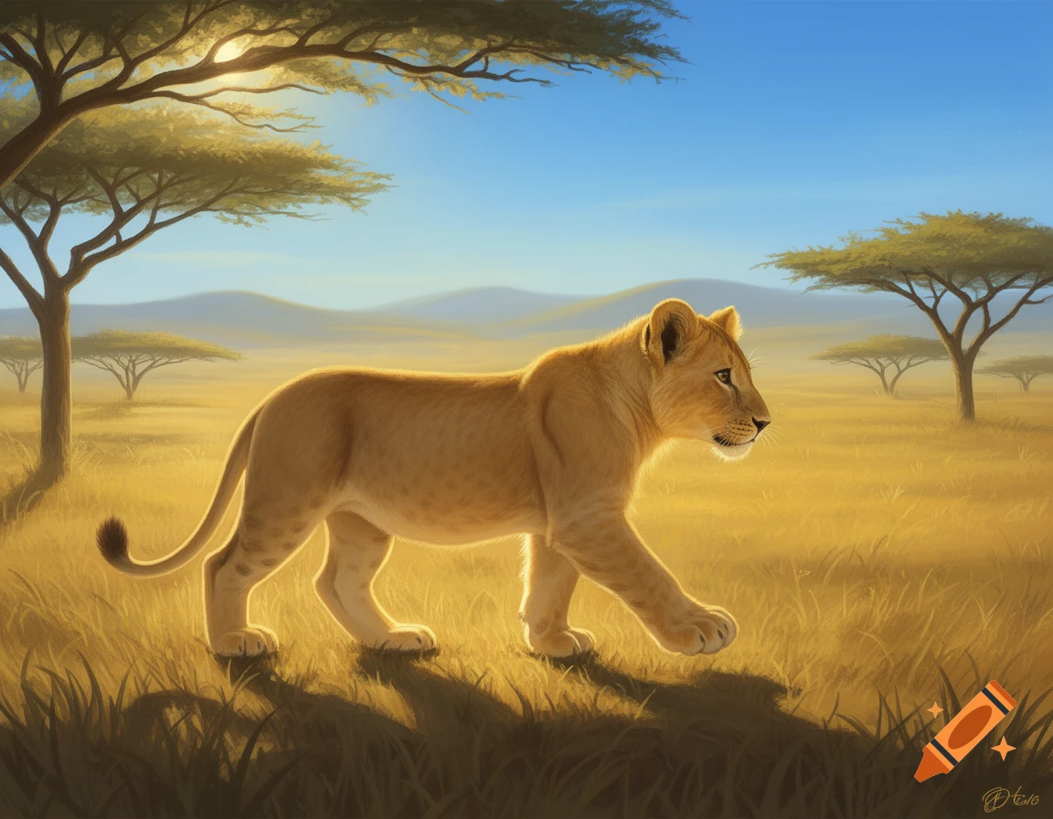 A young lion cub walks through a sunlit golden savanna with scattered acacia trees under a clear blue sky, digital painting.