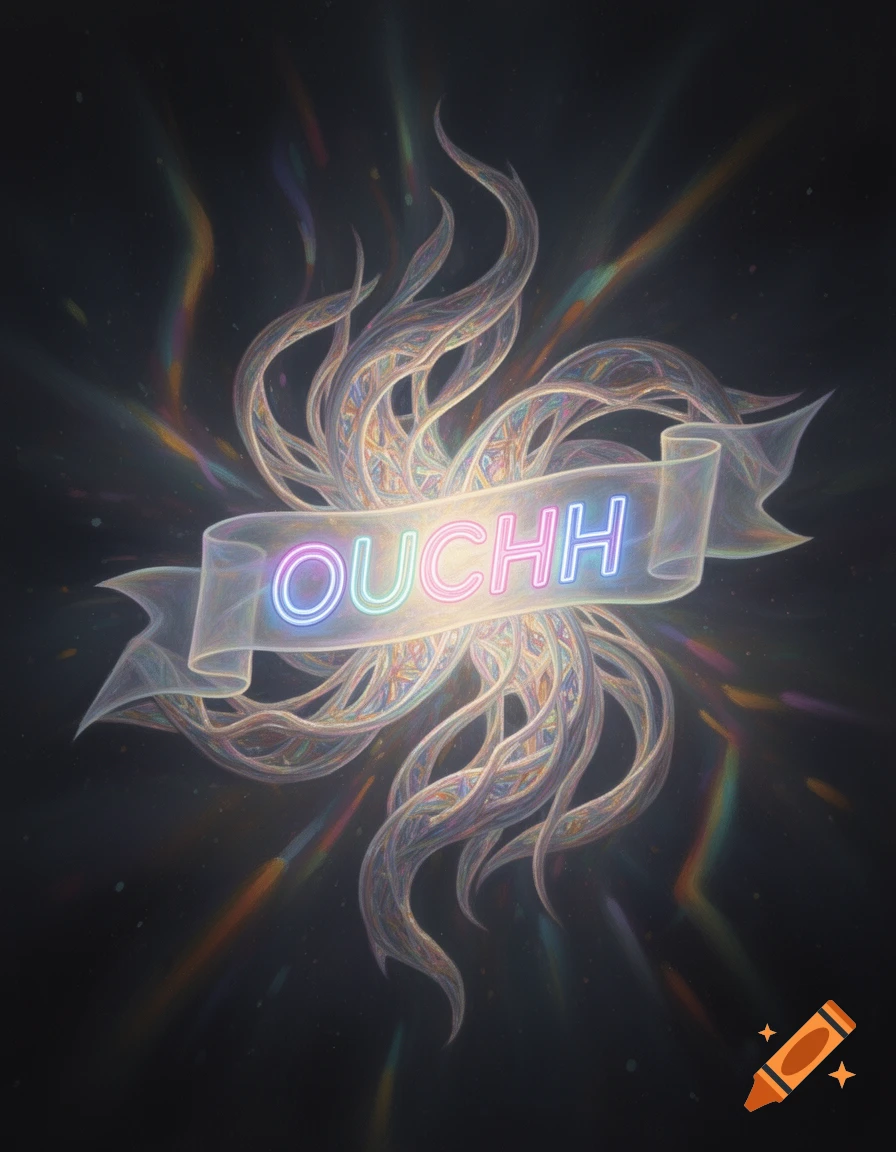 Abstract glowing tendril design with a translucent banner displaying the neon word 'OUCHH' against a dark background.