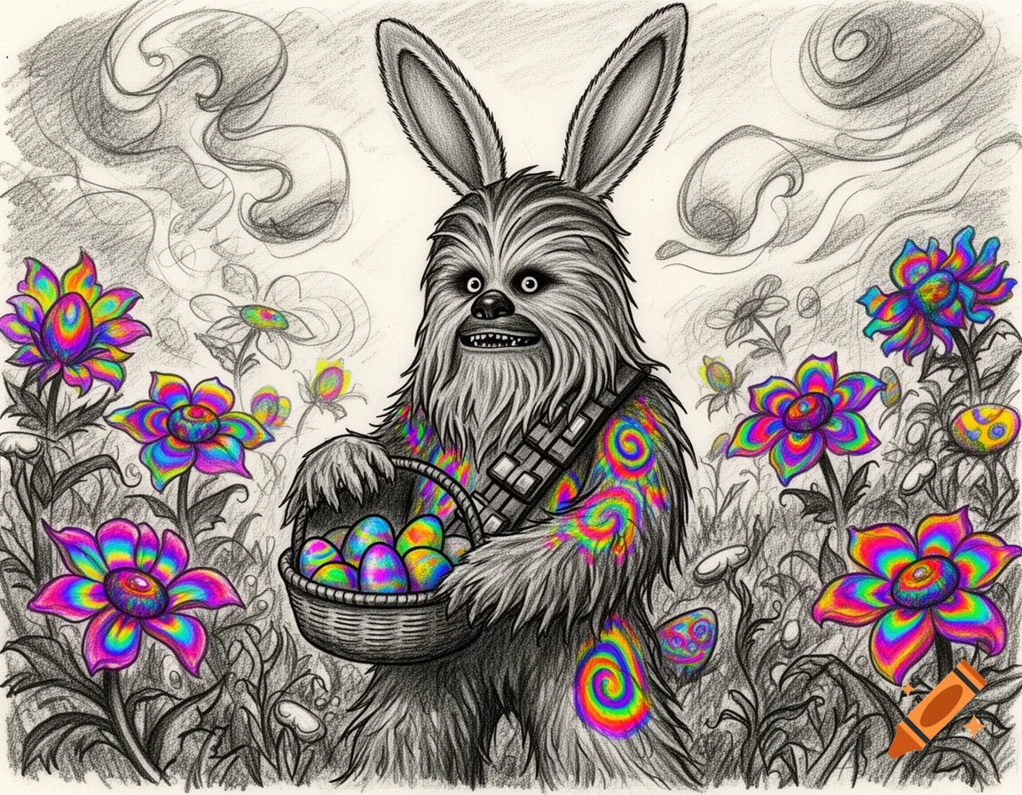 Charcoal sketch of Chewbacca with bunny ears, holding an Easter basket with colorful eggs, surrounded by psychedelic flowers and smoke.