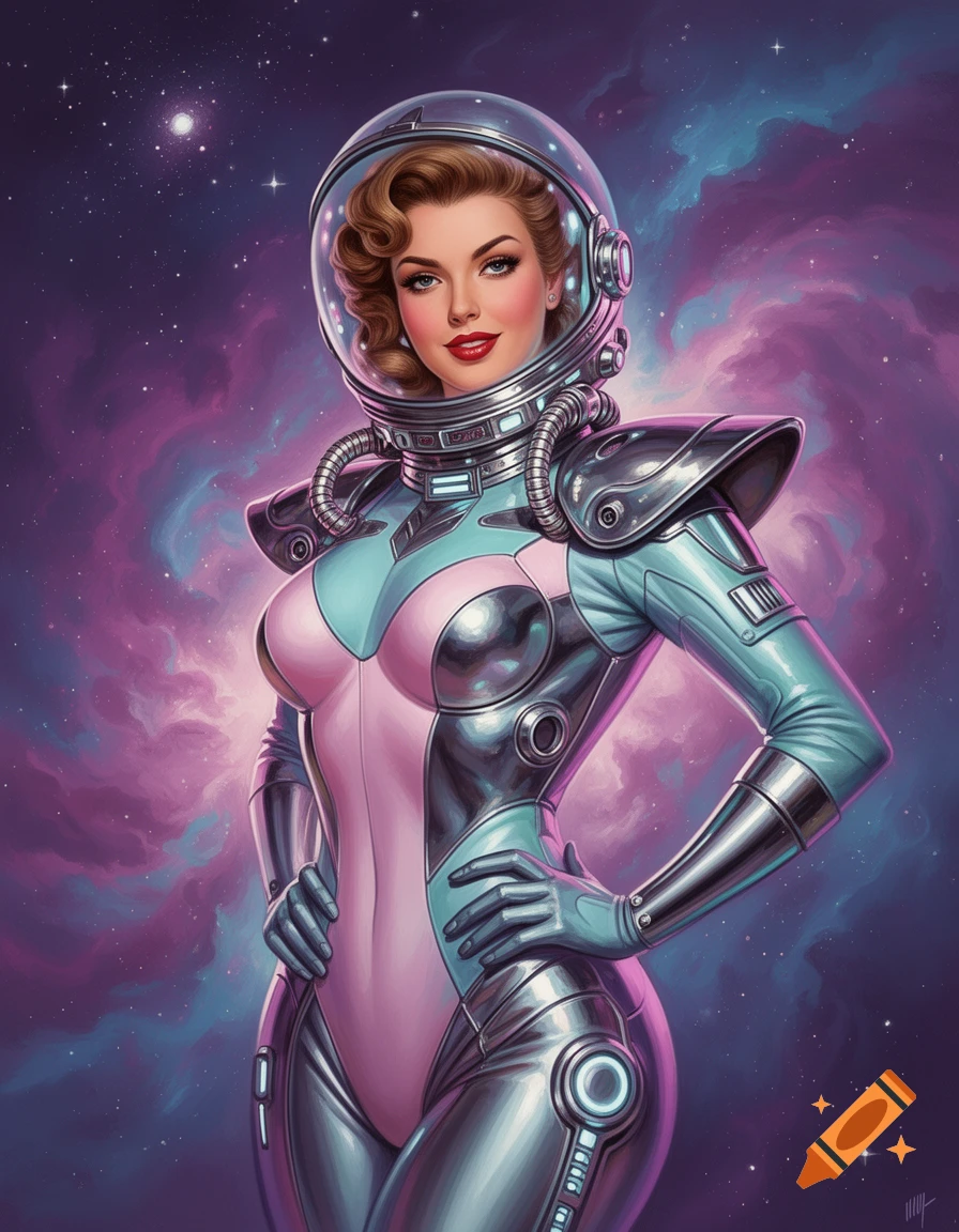 Vintage pin-up illustration of a woman in a shiny silver and pink futuristic spacesuit, posing against a vibrant purple nebula in space.