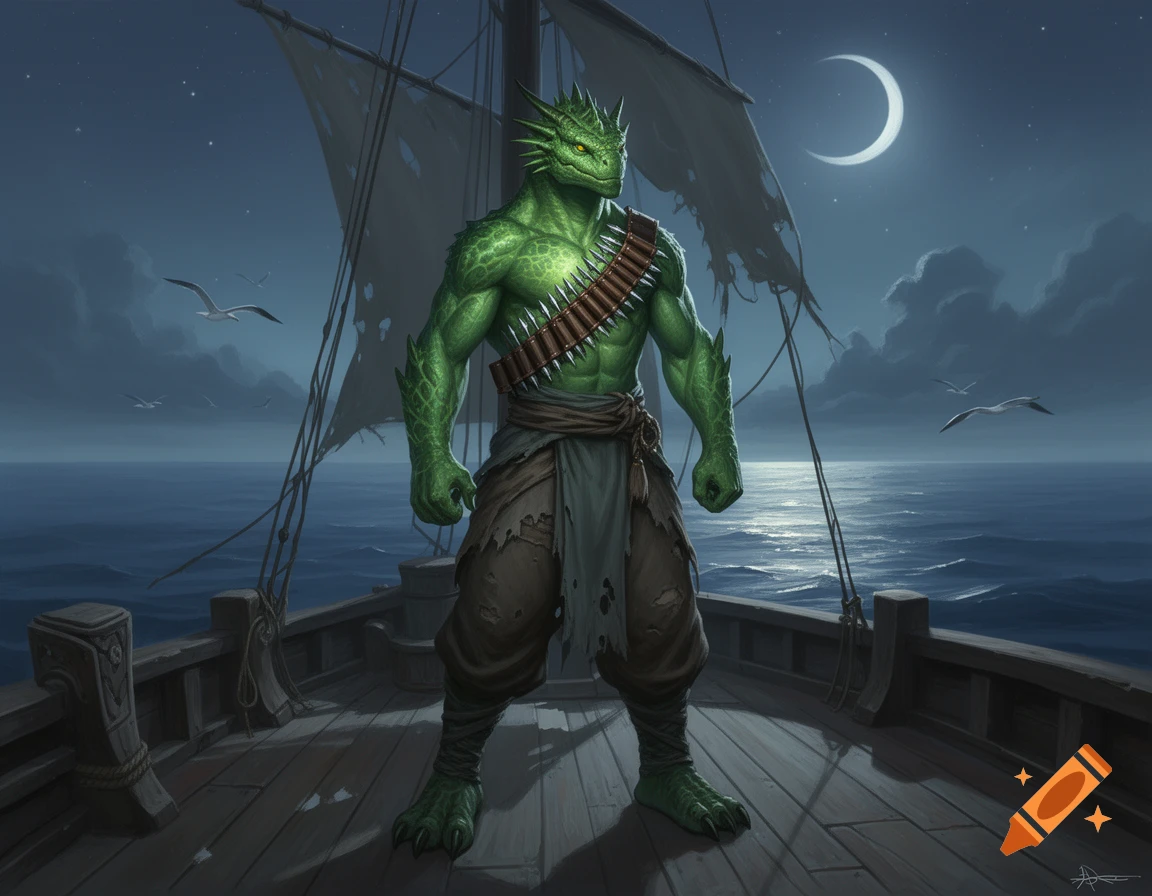 A muscular green Dragonborn monk in ragged clothes stands on a boat deck under a crescent moon.