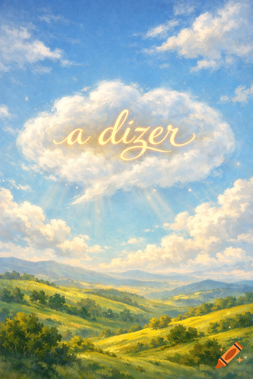 Bright, sunny landscape with green rolling hills and a blue sky. A large white cloud glows with cursive text "a dizer".