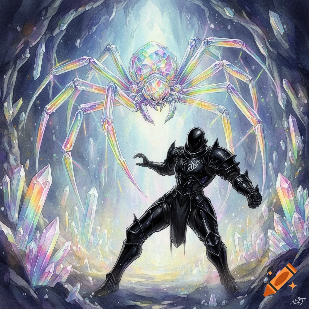 A black armored warrior confronts a large, iridescent crystal spider in a brightly lit crystal cave, illustration.