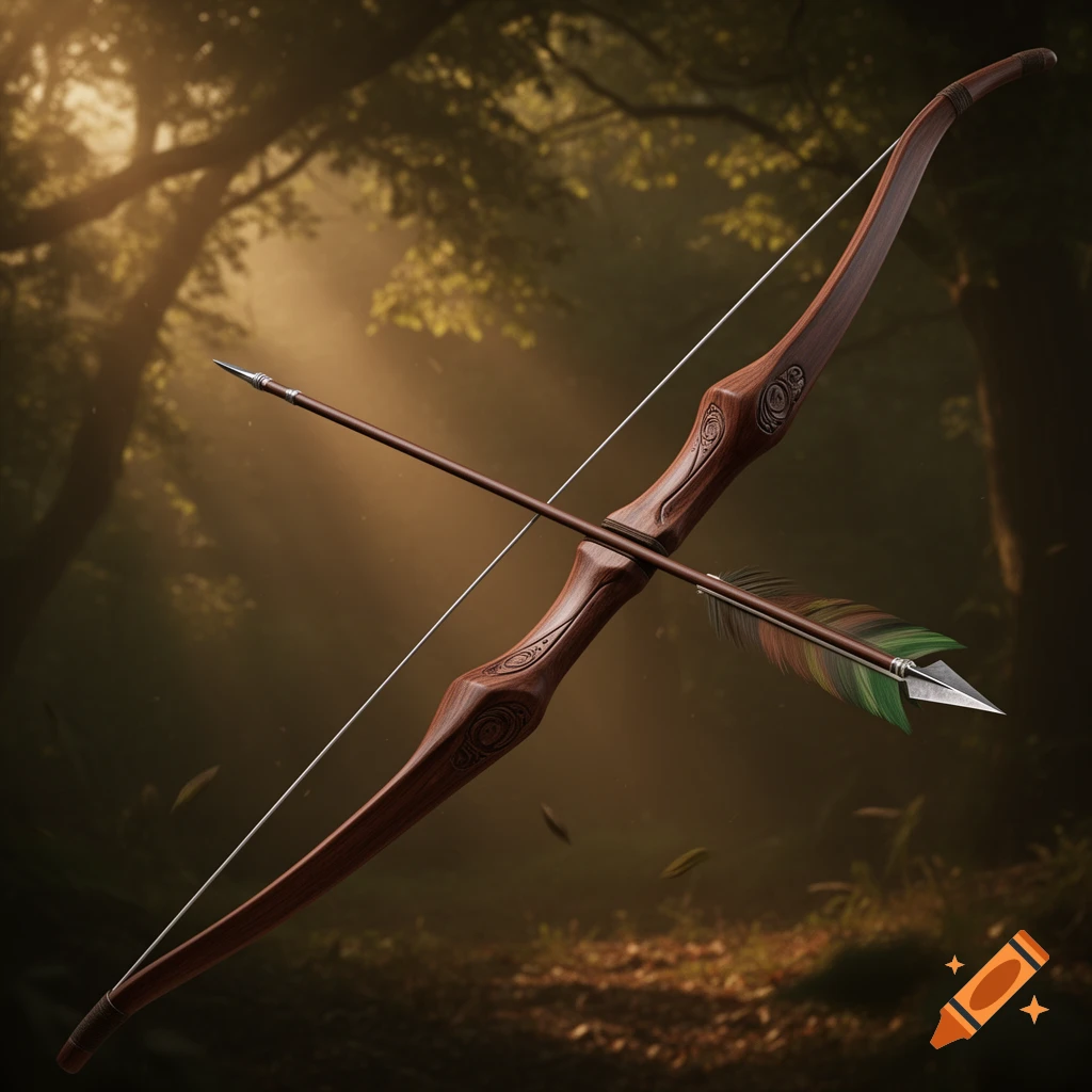 A detailed wooden longbow with carved designs and a nocked arrow with colorful fletching, set against a blurred, sunlit forest.