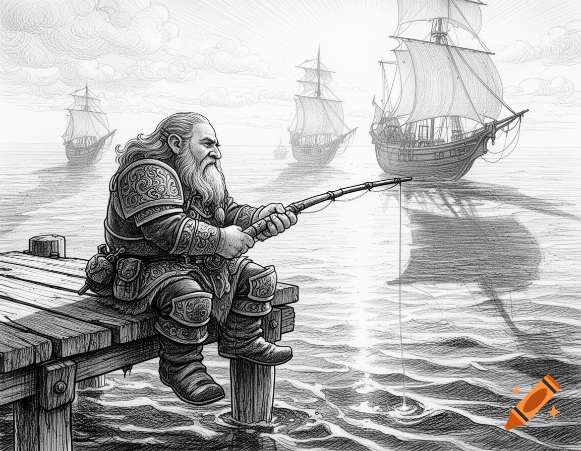Ink drawing of a fantasy dwarf with a long beard fishing from a wooden dock, with several large sailing ships on the water in the background.