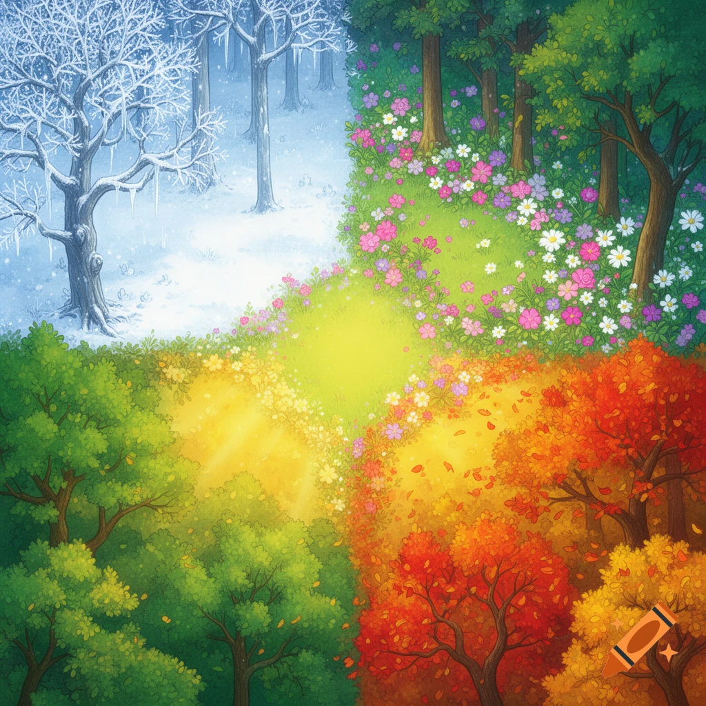 Magical forest children's illustration showing four seasons: snowy winter, flowery spring, green summer, and autumn leaves converging.