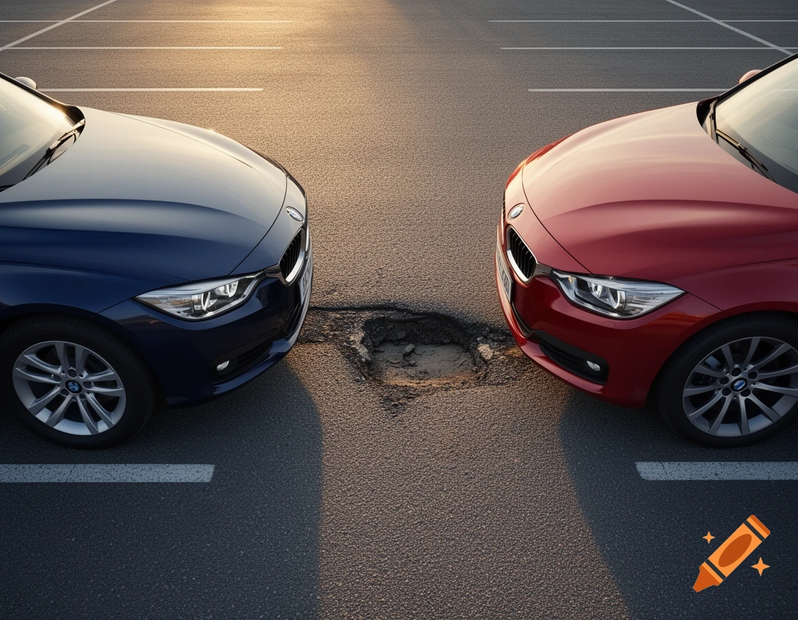 A blue and a red car parked facing each other in a parking lot with a pothole between them under golden hour light.