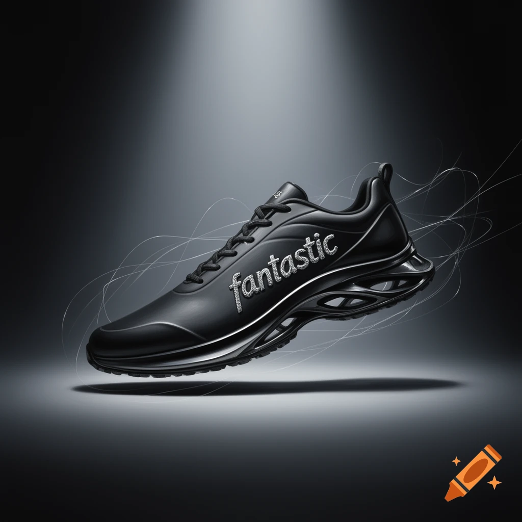A sleek black sports shoe with 'fantastic' in silver text on its side, floating against a dark, dramatic background.