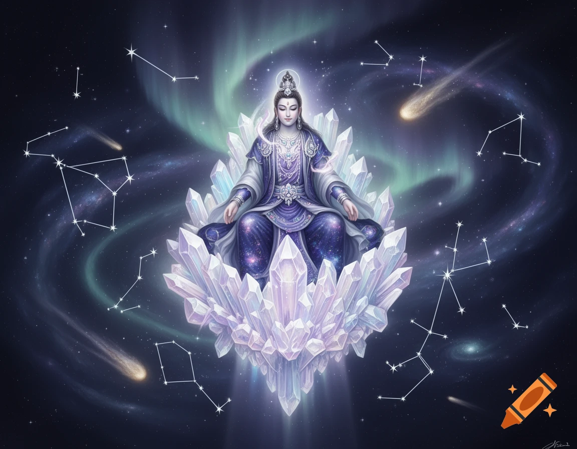 A divine figure resembling an Asian god, meditating on a shimmering crystal lotus throne amidst a cosmic sky with stars, constellations, and an aurora.