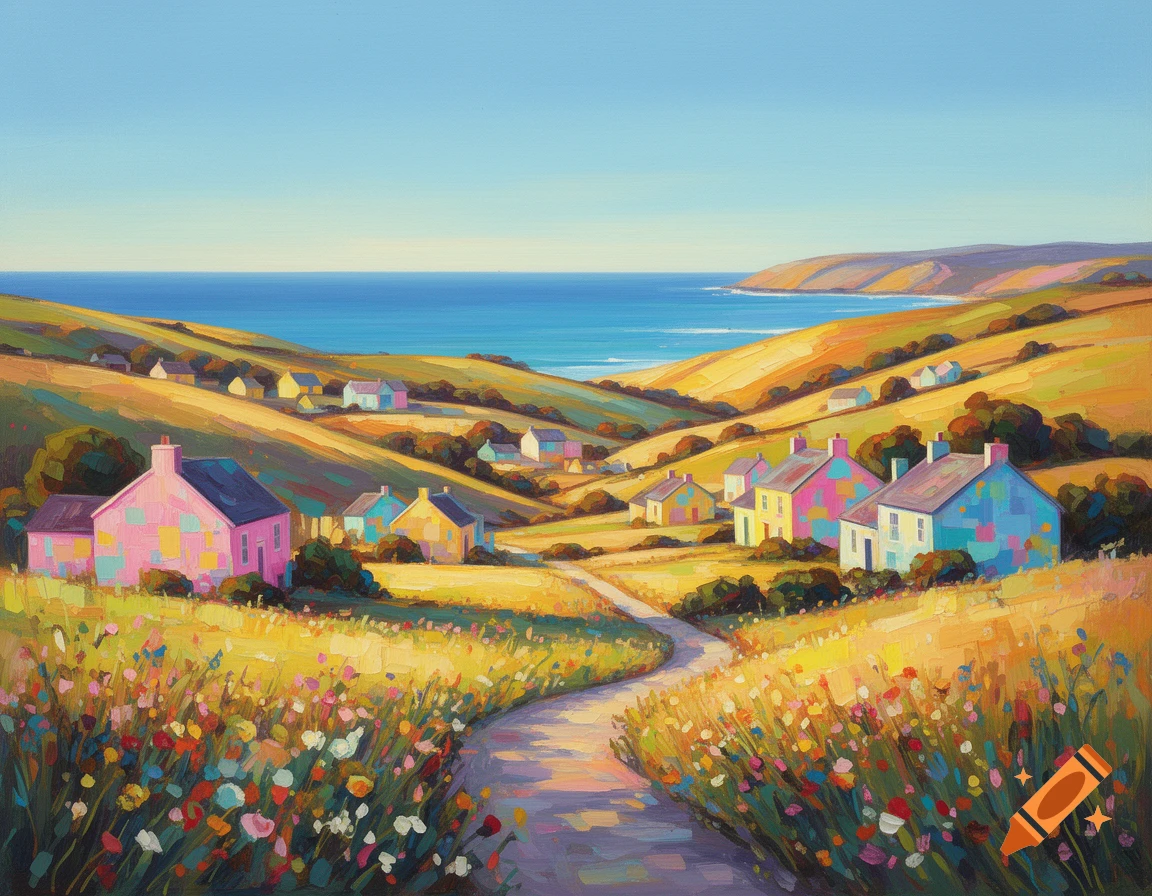 A vibrant painting of a coastal village with colorful houses nestled in rolling green and yellow hills, overlooking a blue sea under a clear sky. A path winds through wildflower meadows.