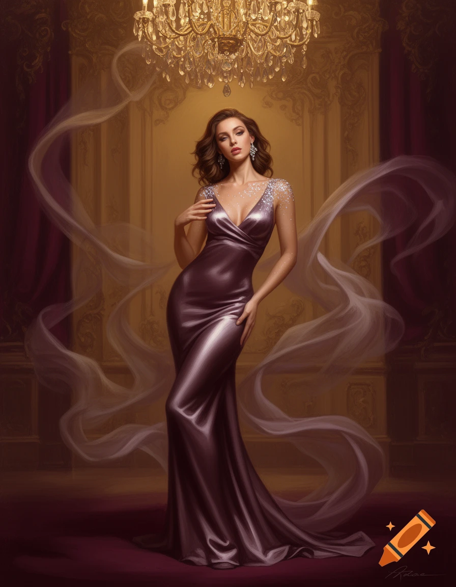 A glamorous woman in a shimmering purple gown with sparkling shoulders stands in an opulent room under a gold chandelier.