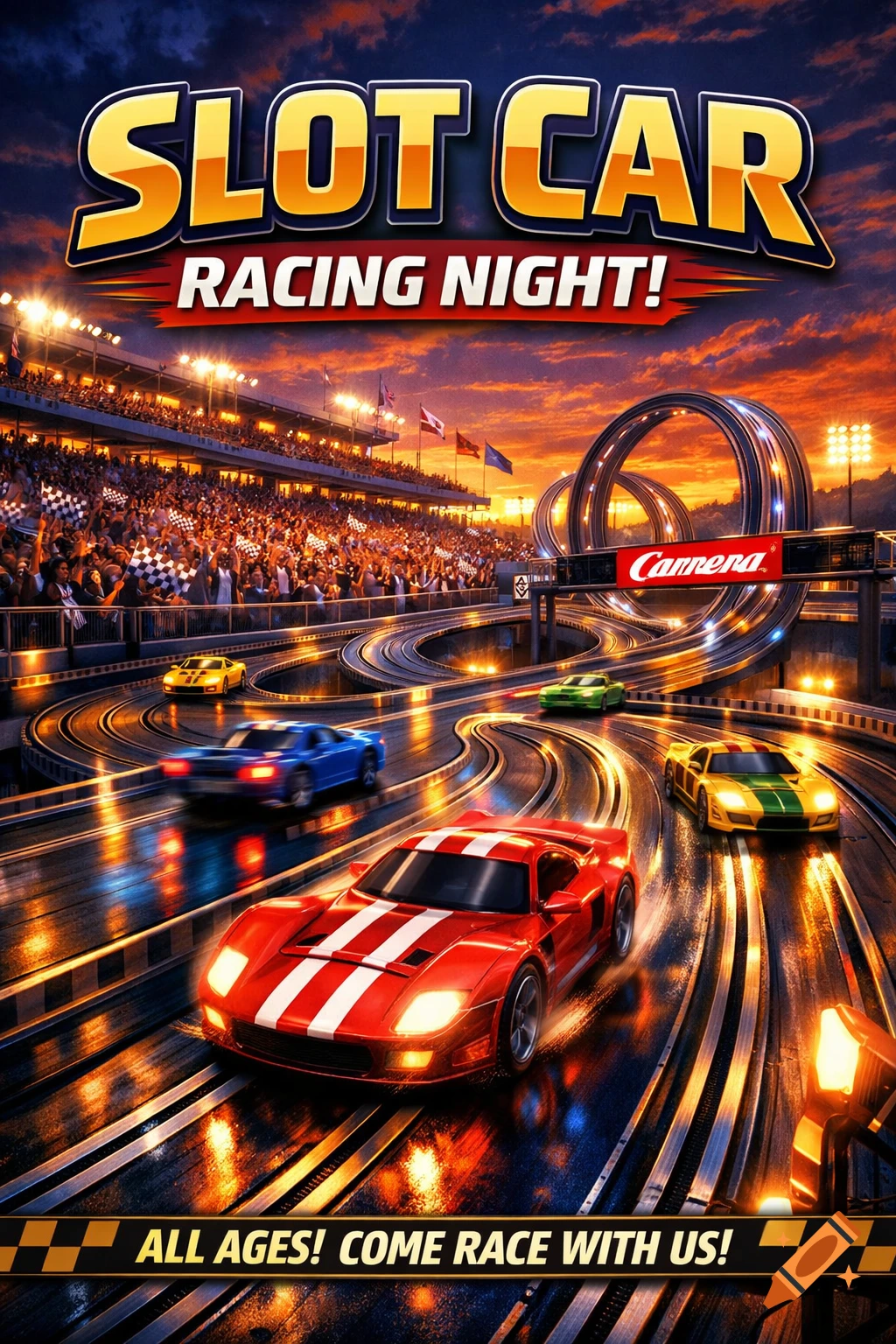 Dynamic poster for a 'Slot Car Racing Night' event. Features brightly lit slot cars on a multi-lane track with loops, a crowded grandstand, and a vibrant sunset sky.