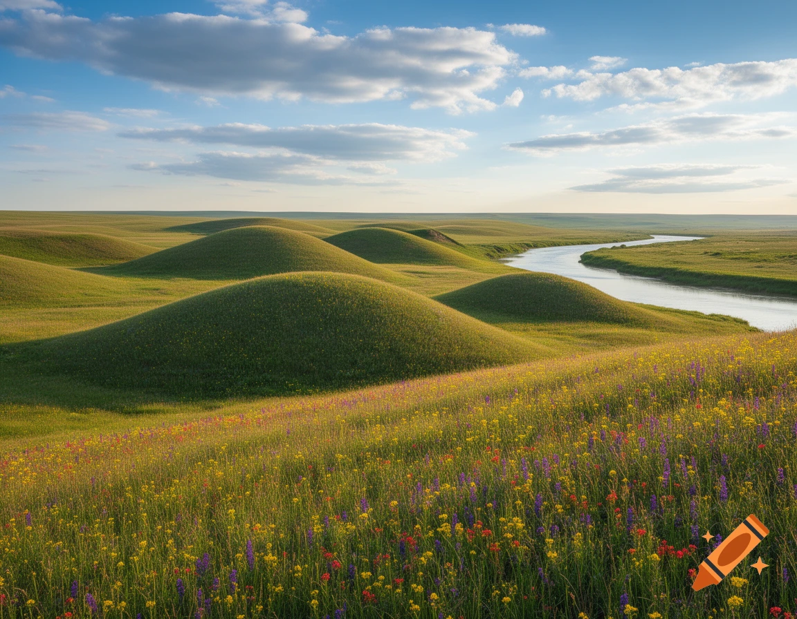 Rolling green hills with wildflowers and a winding river under a blue sky, photorealistic.