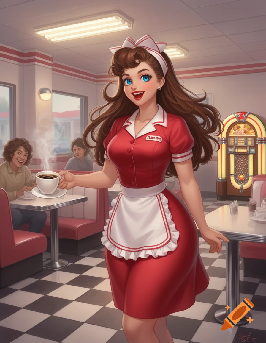 An anime waitress with brown hair and blue eyes, wearing a red uniform, holds a steaming coffee cup in a retro diner with a jukebox.