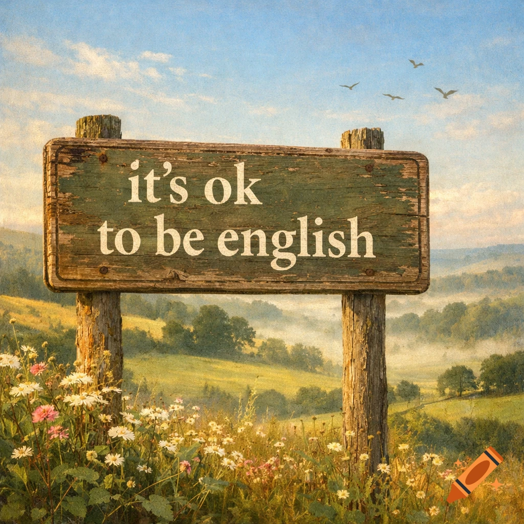 A rustic wooden sign in a field of wildflowers reads 'it's ok to be english', with rolling hills and birds in the background.