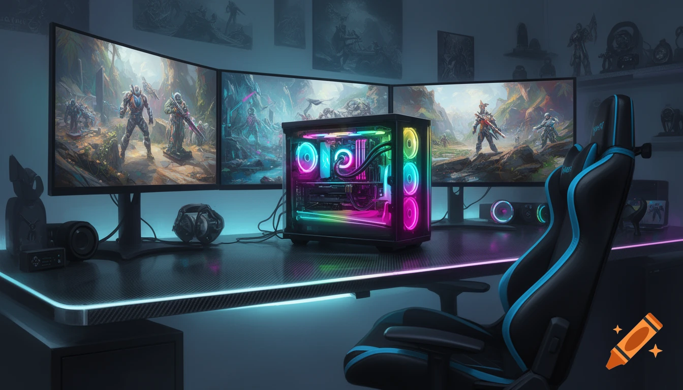 A vibrant gaming setup featuring three monitors displaying fantasy games, a clear PC case with colorful RGB lighting, and a black and blue gaming chair.