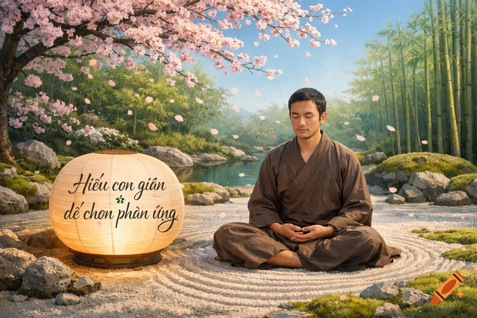 A man meditates in a peaceful zen garden with cherry blossoms, bamboo, and a glowing lantern with Vietnamese text.