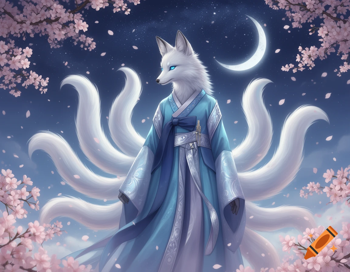 A white multi-tailed fox (kumiho) with blue eyes wears a traditional blue hanbok under cherry blossoms and a crescent moon.