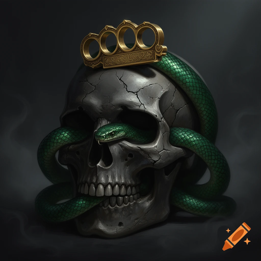 A detailed illustration of a cracked skull with a green snake intertwined around it, wearing golden brass knuckles on top.