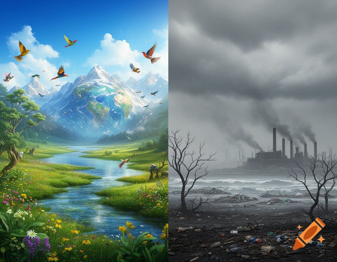 Split image: vibrant natural landscape with river, green hills, birds, and an Earth overlay vs. polluted industrial scene with smoking factories, bare trees, and trash.