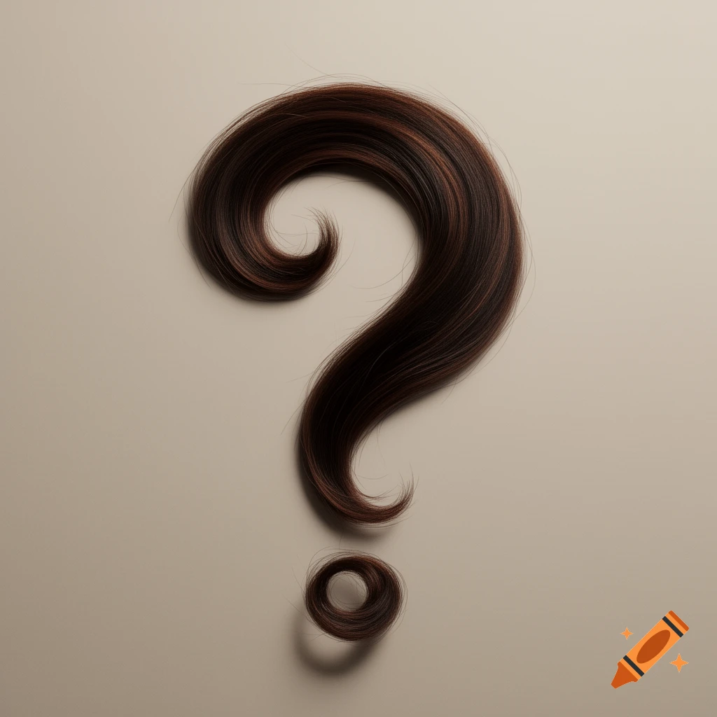 A realistic lock of dark brown hair forms a question mark against a light, neutral background.