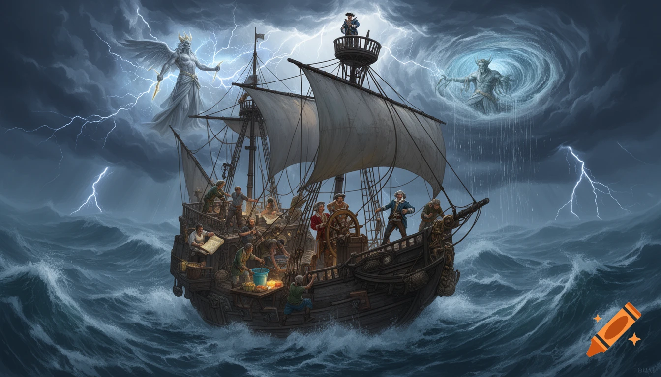 Epic illustration of a galleon ship with crew enduring a storm, as mythical gods conjure lightning, rain, and wind.