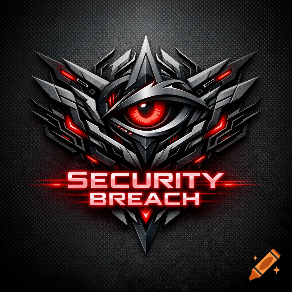 A dark, metallic cybernetic eye logo with glowing red accents, and the words 'SECURITY BREACH' in neon red text.
