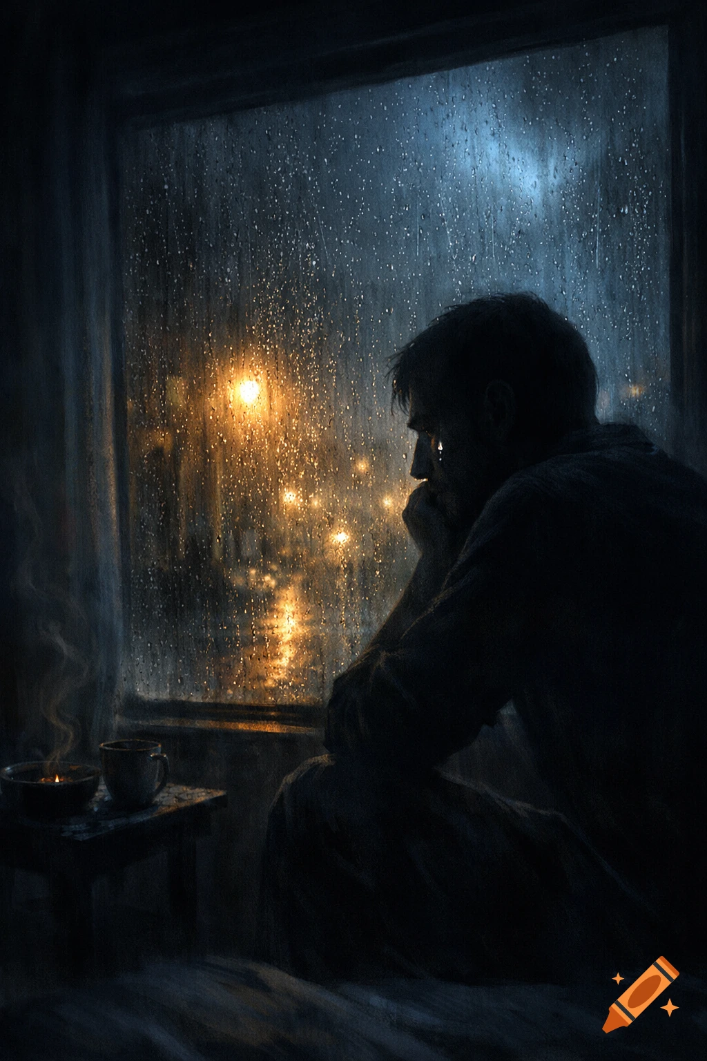 A man sits in silhouette, looking out a rainy window with city lights reflecting in the wet glass. A candle and mug are on a table nearby.