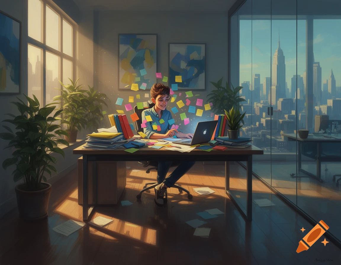 A smiling animated person works at a desk filled with papers and colorful sticky notes, overlooking a sunny city skyline from an office.