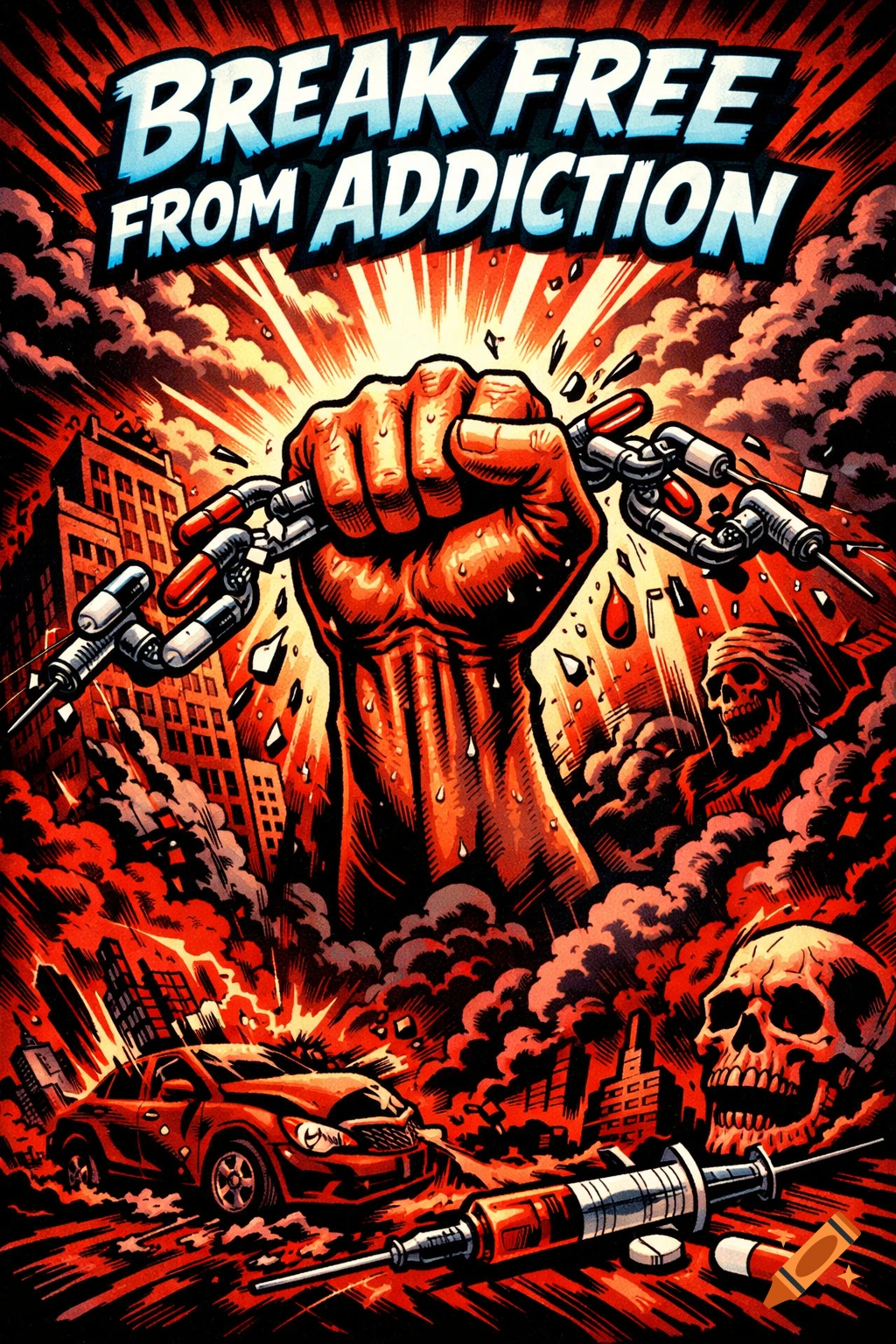 Comic book style anti-drug poster with a fist breaking chains made of pills and syringes, surrounded by skulls, a crashed car, and urban decay in red and black tones. Text reads "BREAK FREE FROM ADDICTION".