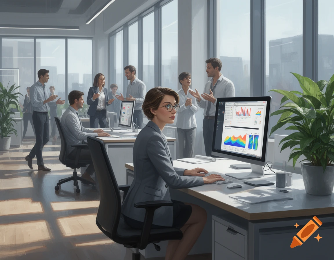 A woman wearing glasses works at a computer with data charts in a modern, sunlit office with other professionals.