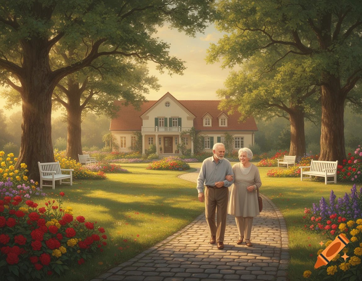 An elderly couple walks arm-in-arm on a cobblestone path through a lush garden with a large house and trees, under a soft golden sky.