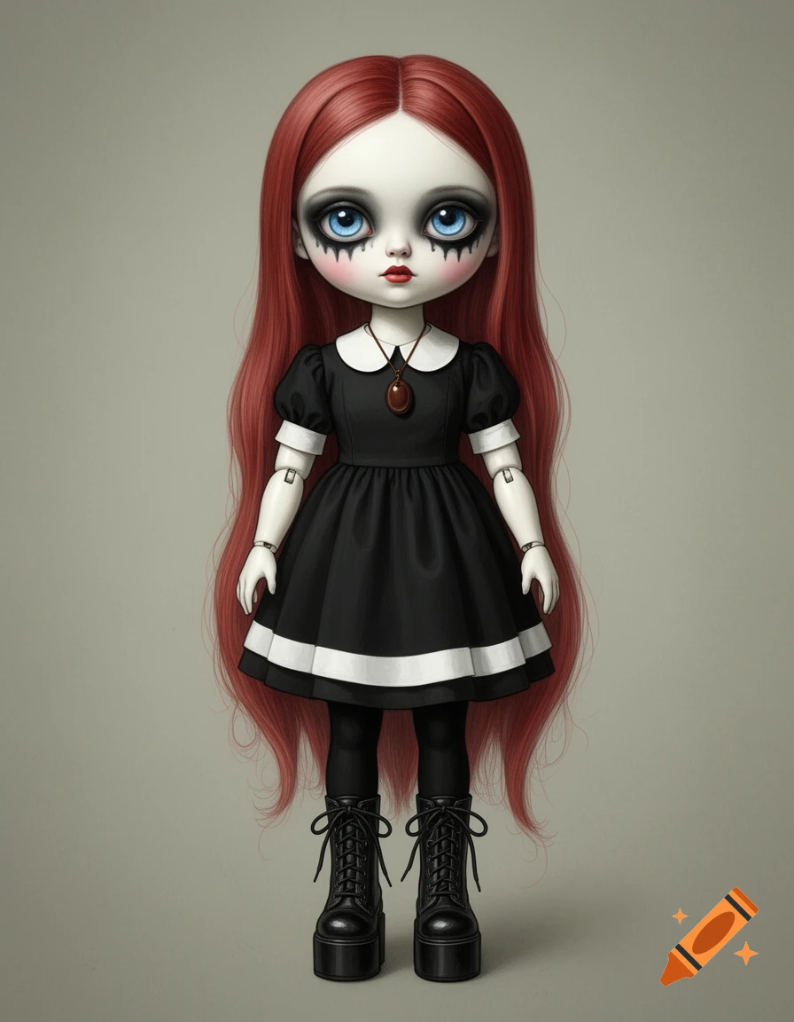 A gothic-style porcelain doll with long red hair, dark makeup, a black dress, and platform boots stands on a grey background.