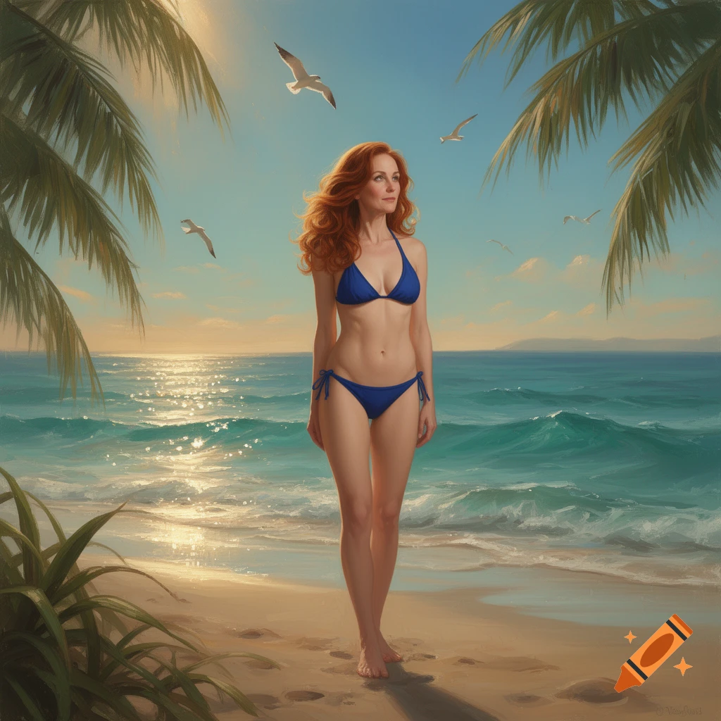 A woman with red hair in a blue bikini stands on a sunny beach with palm trees and the ocean in the background.