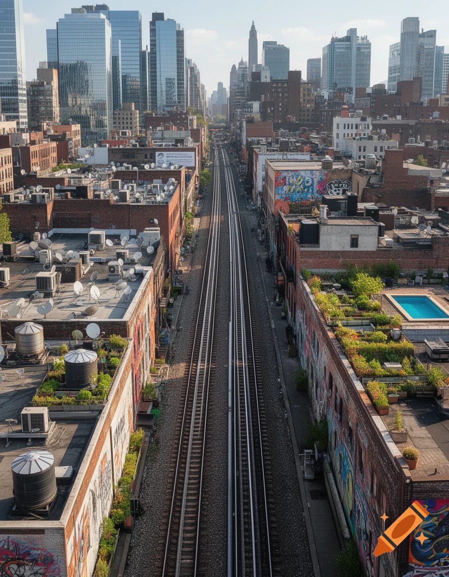 Aerial view of urban railway tracks running through a city with buildings featuring rooftop gardens and graffiti.