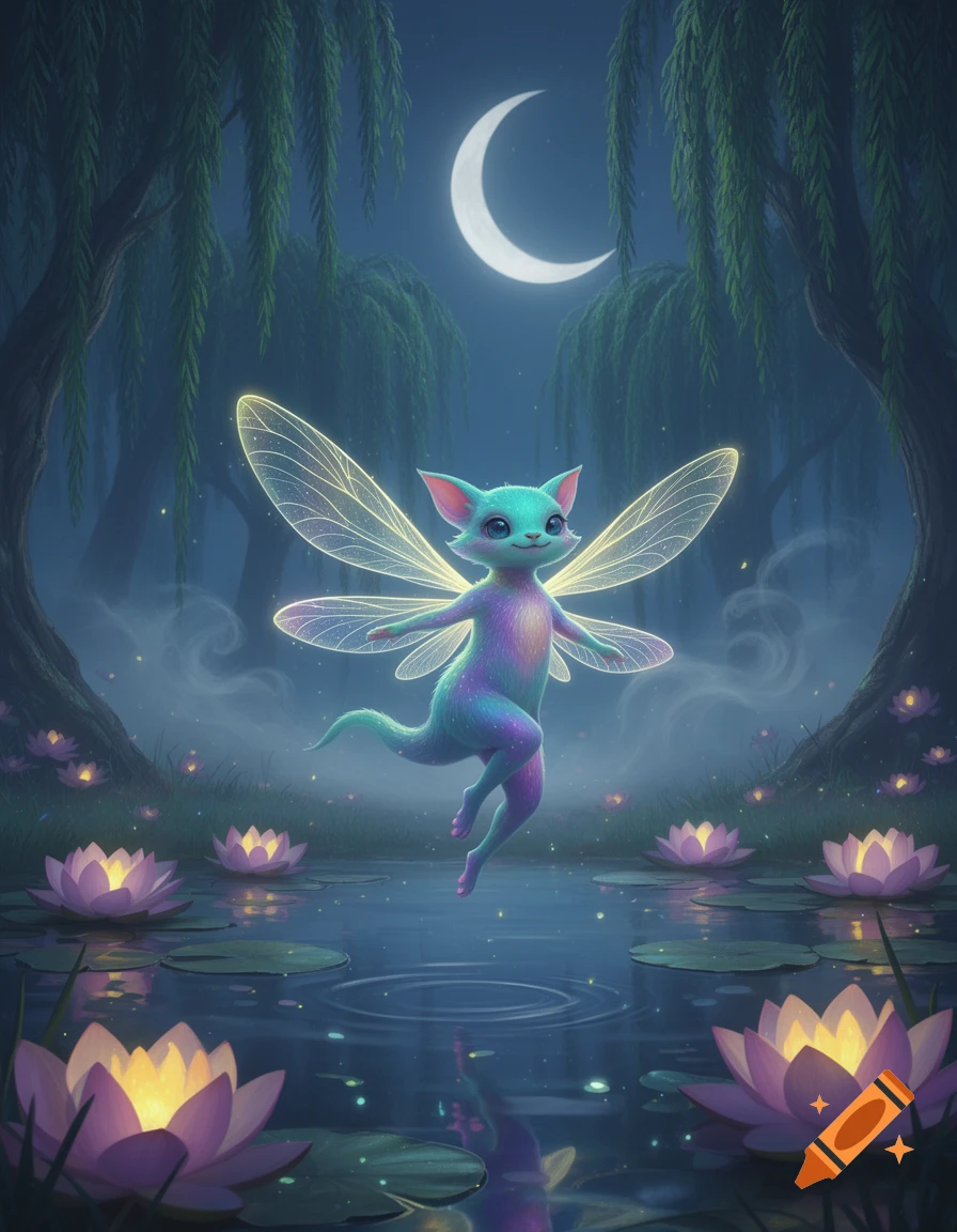 A vibrant, colorful winged fairy-like creature hovers over a moonlit pond with glowing lotus flowers and willow trees in a fantasy illustration.