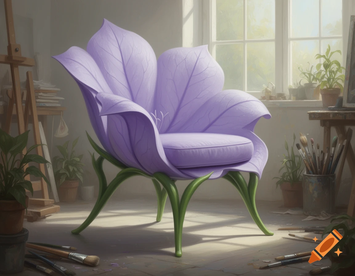A purple bellflower-shaped armchair sits in an art studio, with an easel, potted plants, and a window in the background.