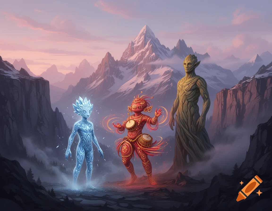 Tree Elemental Three elemental fantasy creatures M - ice, fire, and tree-like M ...