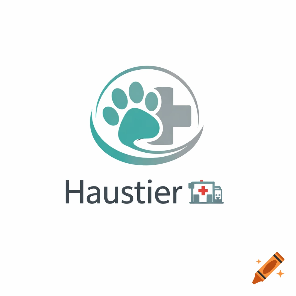 A logo featuring a teal paw print and a grey medical cross within a circular design, above the word "Haustier" and a small hospital icon.