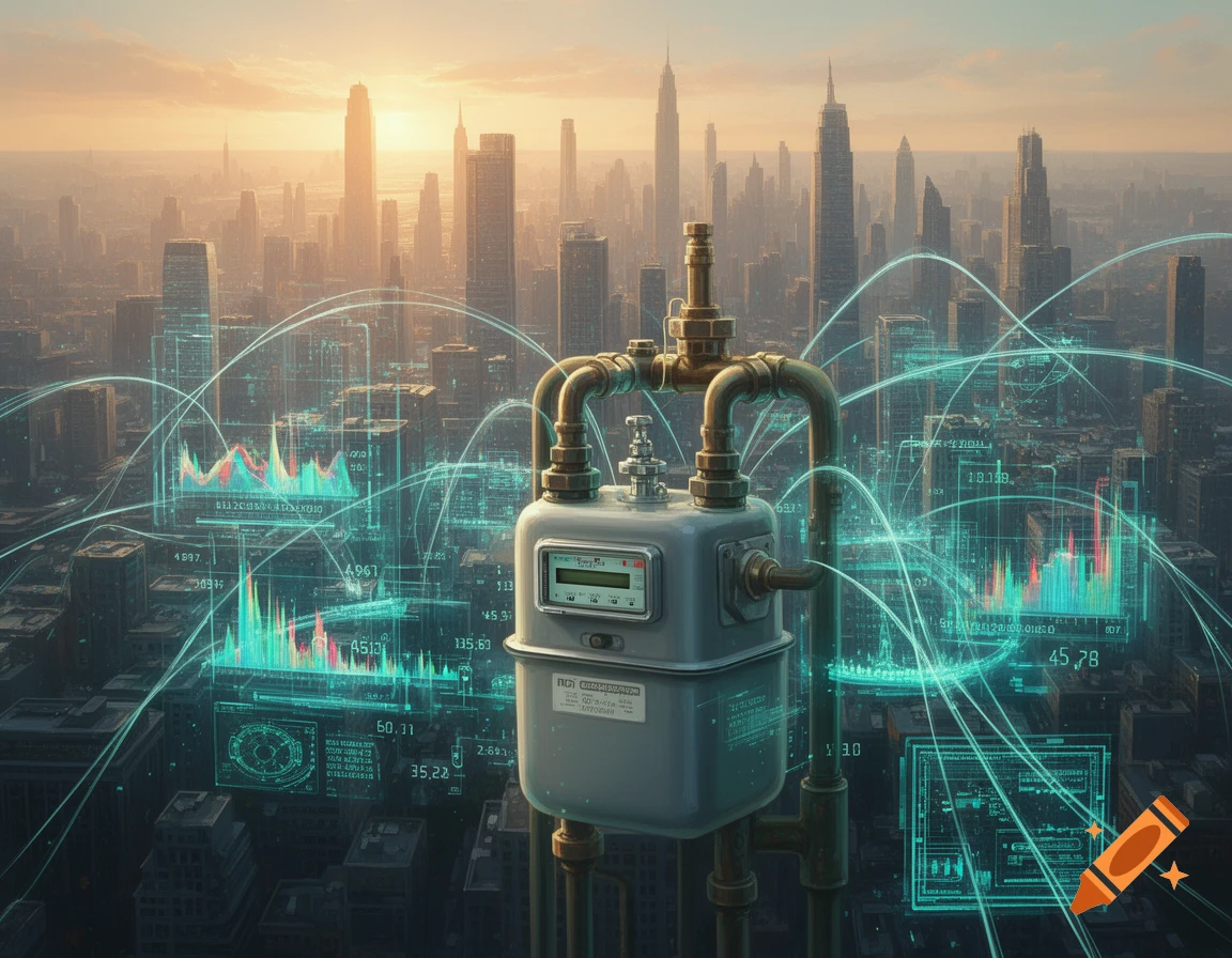 An overhead view of a gas meter with digital data streams and graphs superimposed over a vast city skyline at sunset.